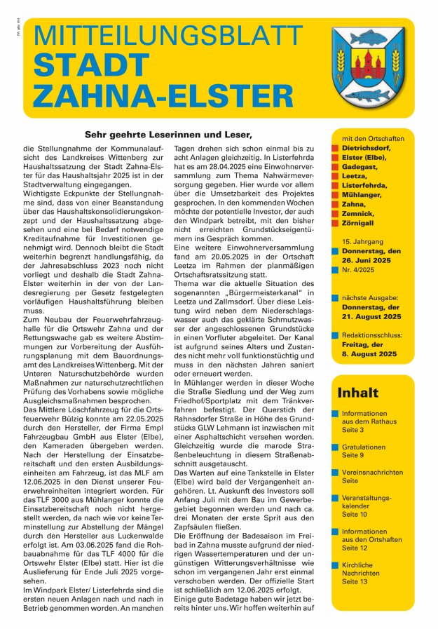 Mitteilungsblatt Stadt Zahna-Elster mit den Ortschaften Titelblatt 04/2025