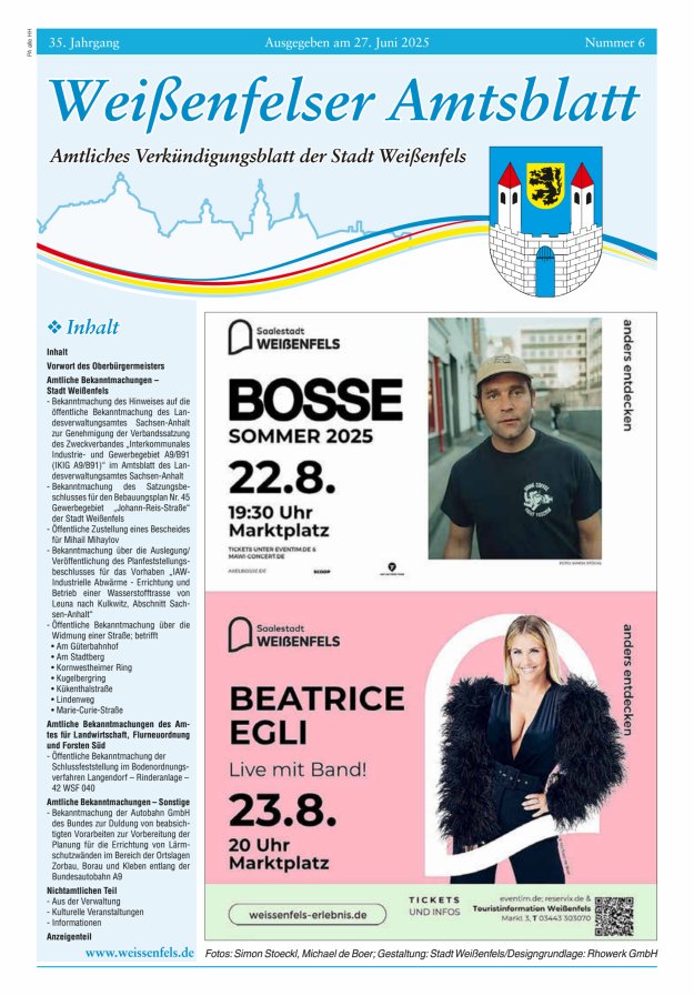 Weißenfelser Amtsblatt – Amtliches Verkündungsblatt der Stadt Weißenfels Titelblatt 06/2025
