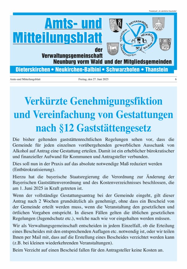 Amts- u Mitteilungsblatt der VG Neunburg vorm Wald u d Mitgliedsgemeinden Titelblatt 06/2025