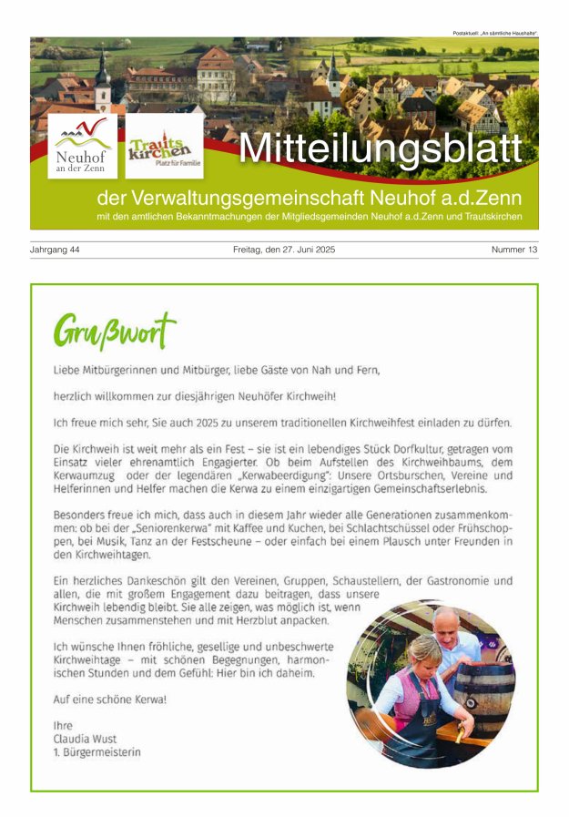 Mitteilungsblatt der Verwaltungsgemeinschaft Neuhof an der Zenn mit den amtlichen Bekanntmachungen der Mitgliedsgemeinden Neuhof an der Zenn und Trautskirchen Titelblatt 13/2025