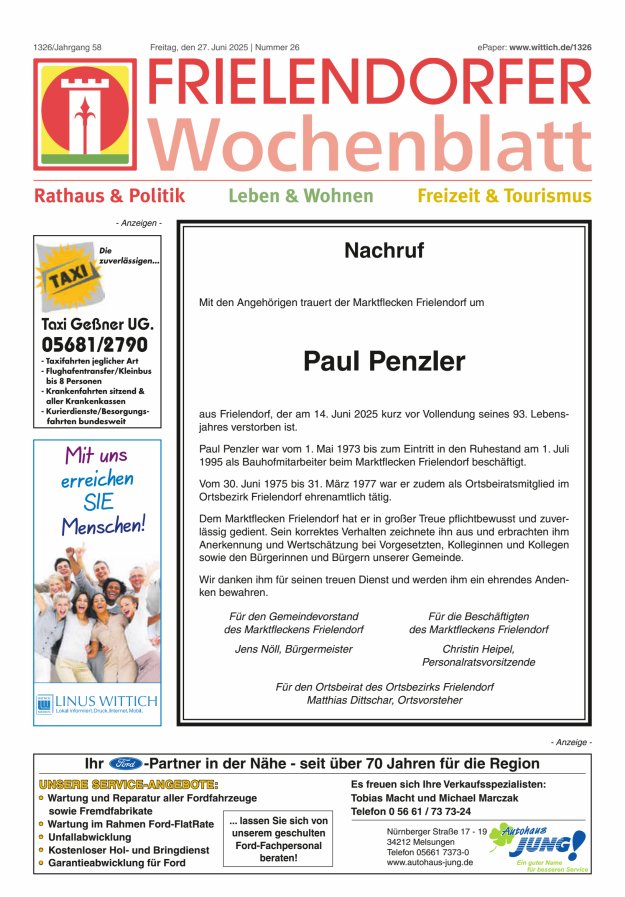Frielendorfer Wochenblatt Titelblatt 26/2025