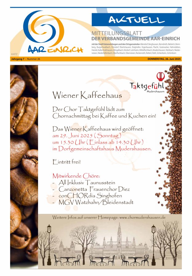 Mitteilungsblatt der Verbandsgemeinde Aar-Einrich Ausgabe Katzenelnbogen Titelblatt 26/2025