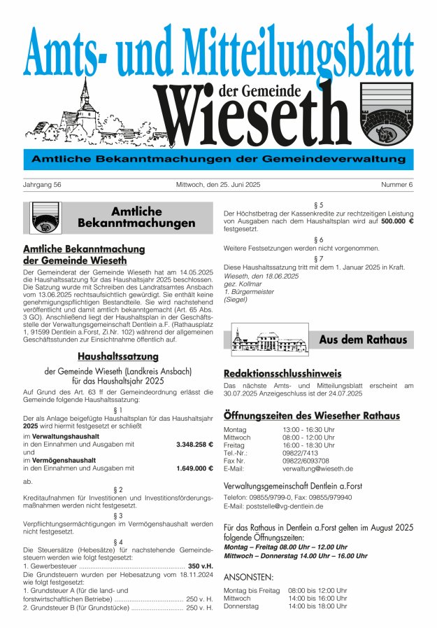 Amts- und Mitteilungsblatt der Gemeinde Wieseth Titelblatt 06/2025