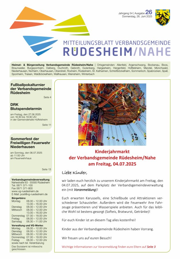 Mitteilungsblatt Verbandsgemeinde Rüdesheim und zugehörige Ortsgemeinden Titelblatt 26/2025