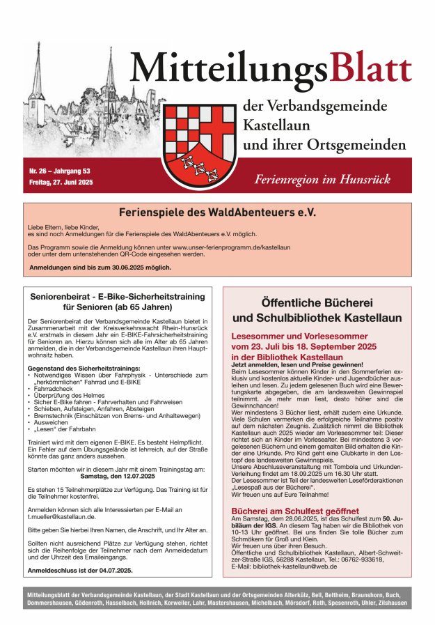Mitteilungsblatt Kastellaun Titelblatt 26/2025