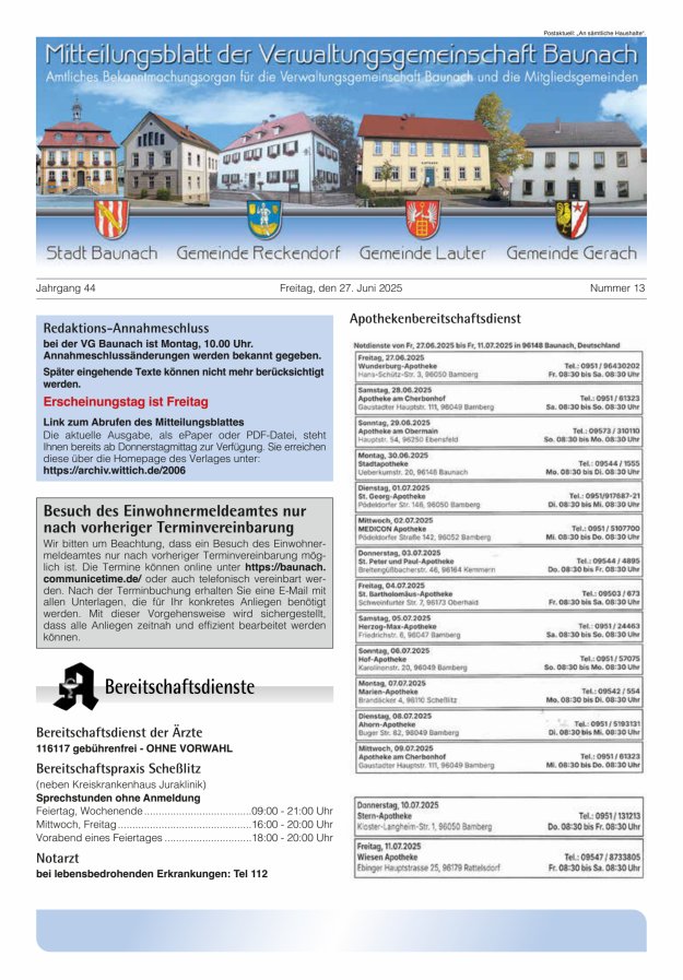 Mitteilungsblatt Verwaltungsgemeinschaft Baunach Titelblatt 13/2025