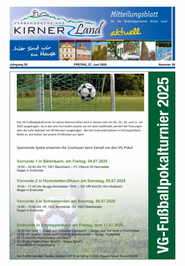 Mitteilungsblatt für den Bereich der Verbandsgemeinde Kirner Land Titelblatt 26/2025