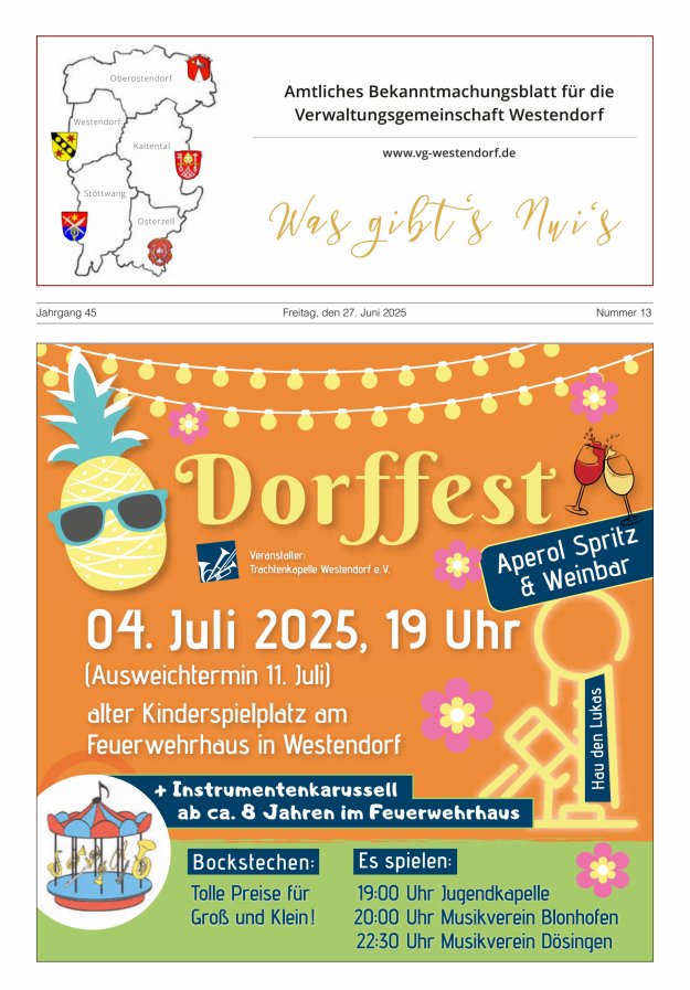 Was gibt's Nui's Amtliches Bekanntmachungsblatt für die VG Westendorf Titelblatt 13/2025