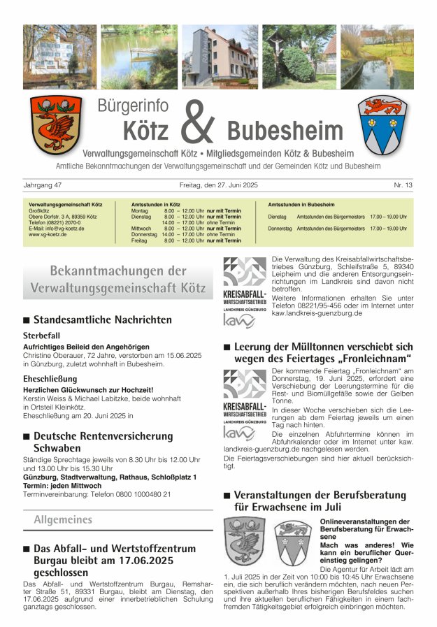 Amtsblatt der VG Kötz und der Mitgliedsgemeinden Titelblatt 13/2025