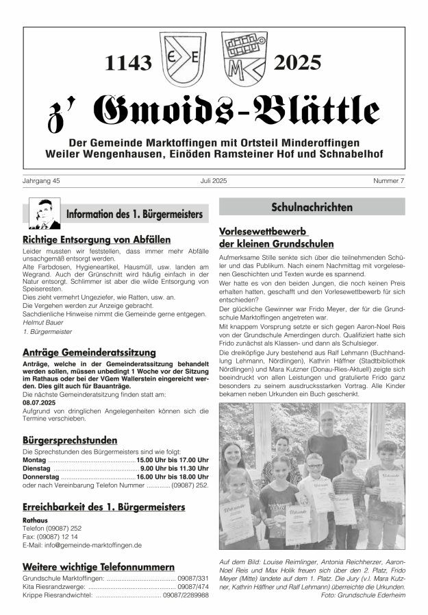 z'Gmoids-Blättle der Gemeinde Marktoffingen mit Ortsteilen Titelblatt 07/2025