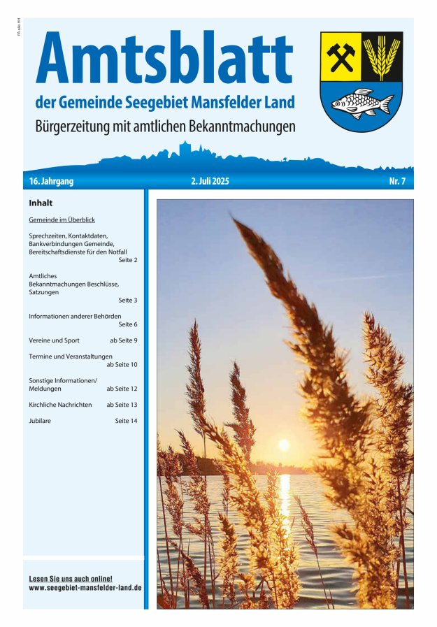 Amtsblatt der Gemeinde Seegebiet Mansfelder Land Titelblatt 07/2025
