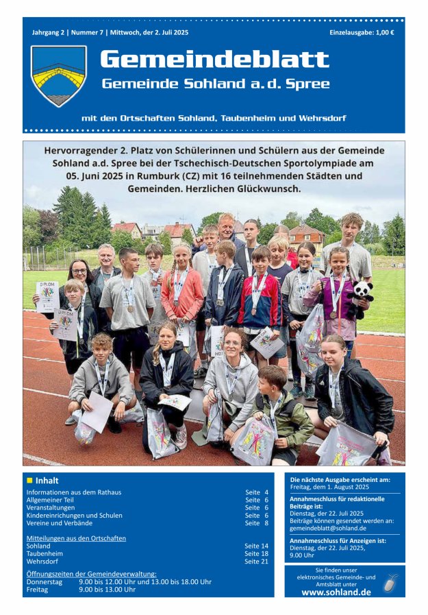 Amtsblatt der Gemeinde Sohland a. d. Spree mit den Ortschaften Sohland, Taubenheim und Wehrsdorf Titelblatt 07/2025