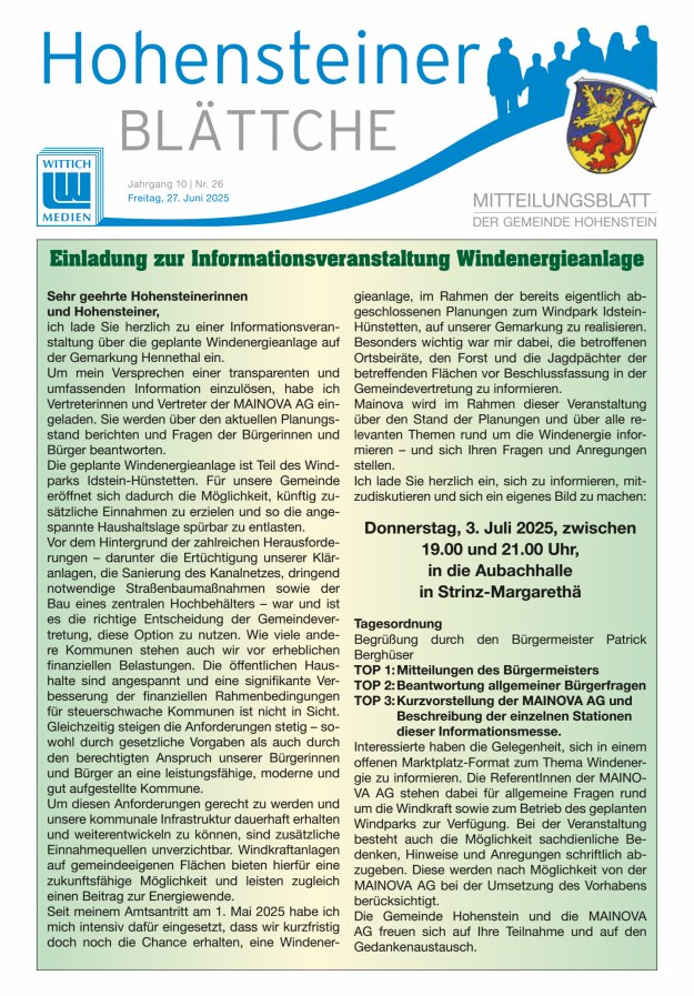 Hohensteiner Blättche Titelblatt 26/2025