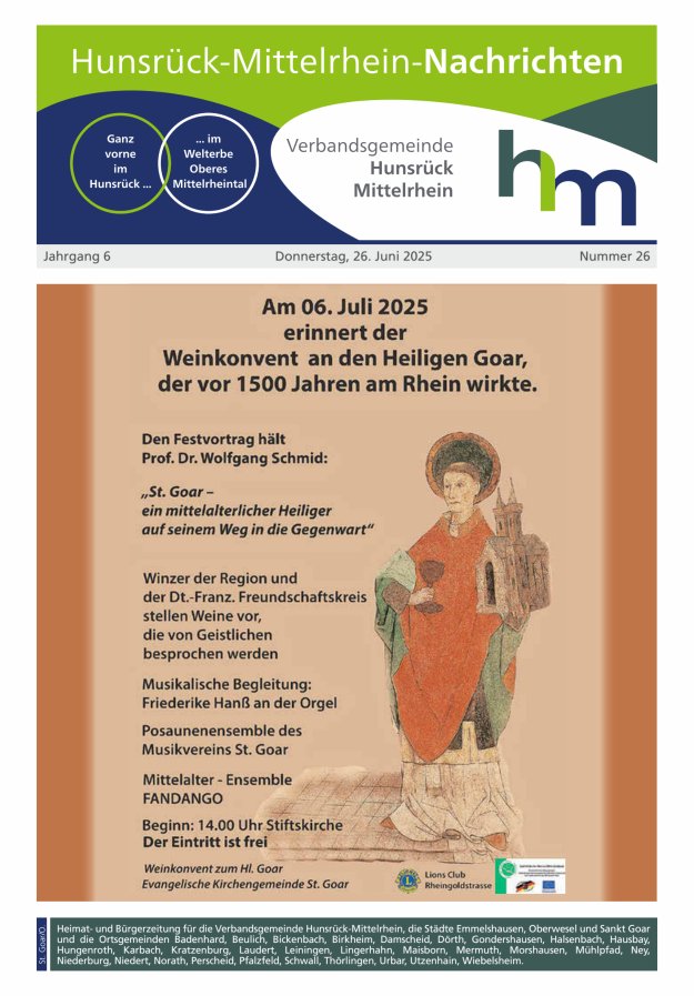 Hunsrück-Mittelrhein Nachrichten Ausgabe St Goar Oberwesel Titelblatt 26/2025