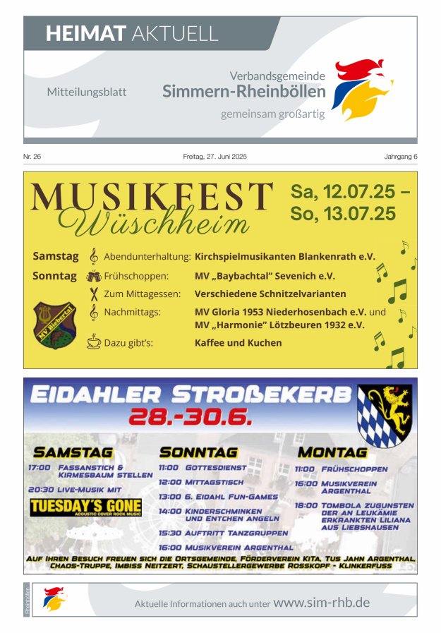 Heimat Aktuell Mitteilungsblatt der VG Simmern-Rheinböllen-Ausg Rheinböllen Titelblatt 26/2025