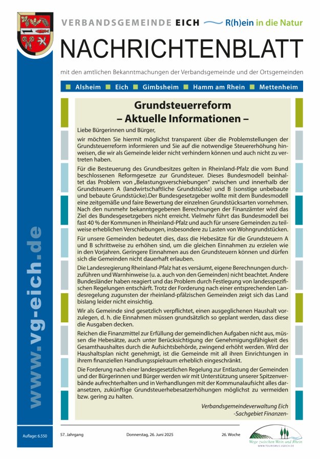 Nachrichtenblatt der VG Eich Titelblatt 26/2025