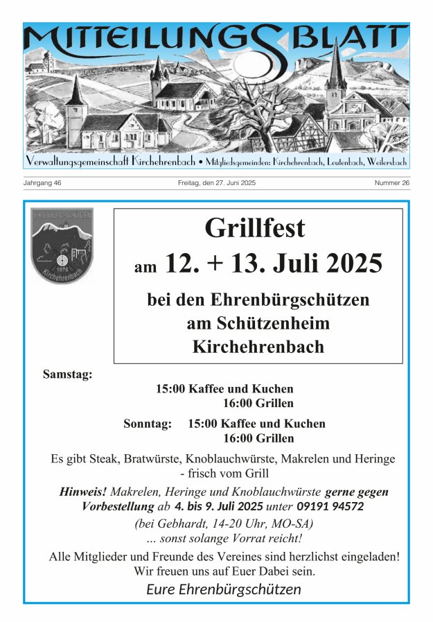 Mitteilungsblatt Verwaltungsgemeinschaft Kirchehrenbach Titelblatt 26/2025