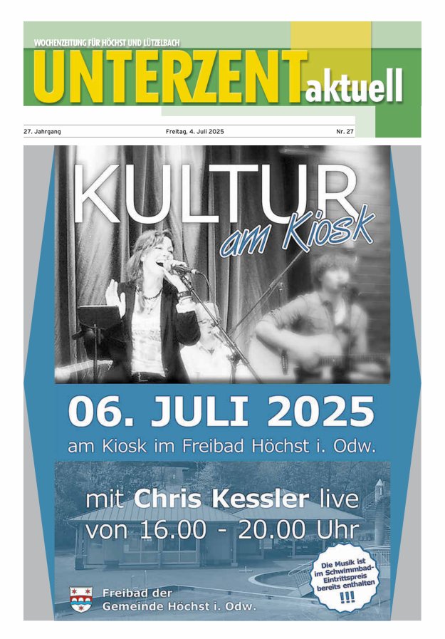 Unterzent aktuell Wochenzeitung für Höchst und Lützelbach Titelblatt 27/2025