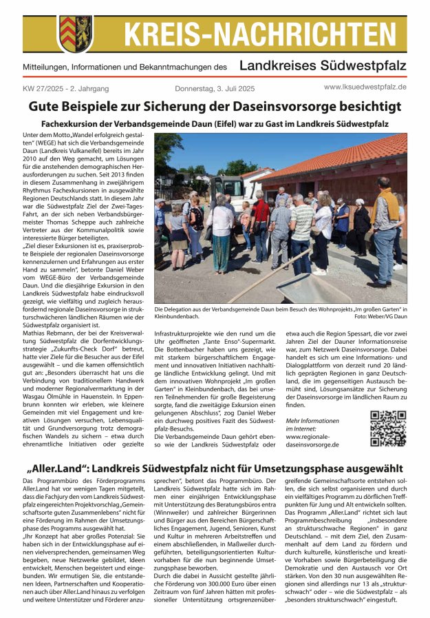 Kreis-Nachrichten - Mitteilungen des Landkreises Südwestpfalz Titelblatt 13/2025