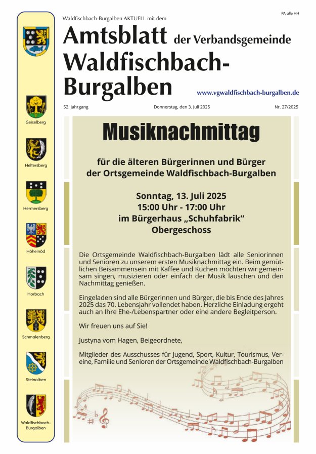 Amtsblatt der Verbandsgemeinde Waldfischbach-Burgalben Titelblatt 27/2025