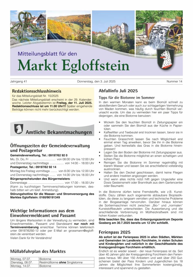 Mitteilungsblatt für den Markt Egloffstein Titelblatt 14/2025