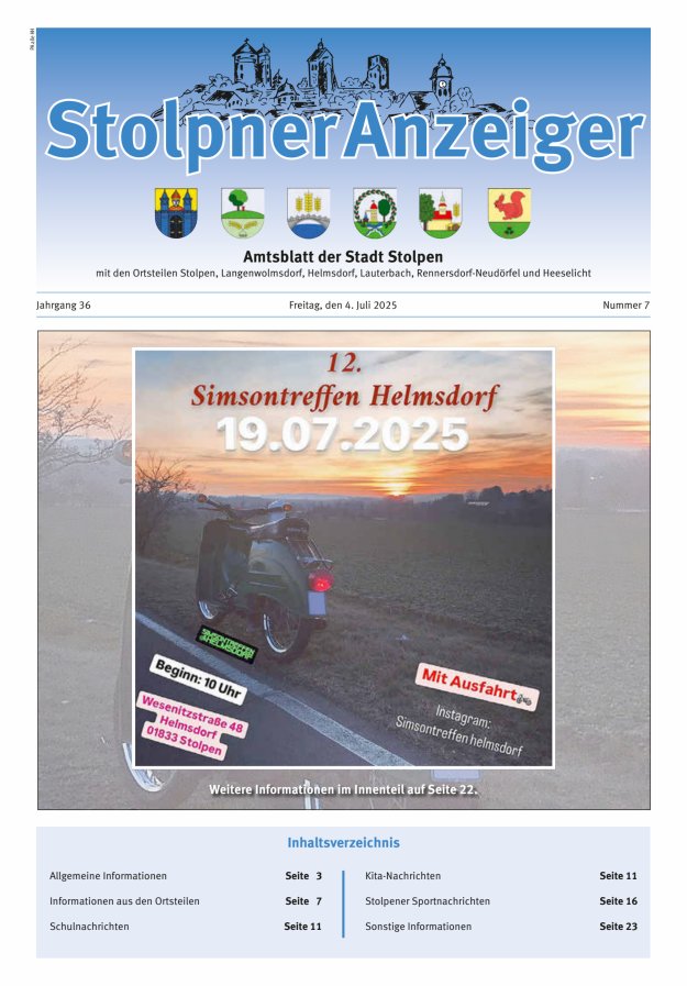 Stolpner Anzeiger - Amtsblatt der Stadt Stolpen mit den Ortsteilen Titelblatt 07/2025