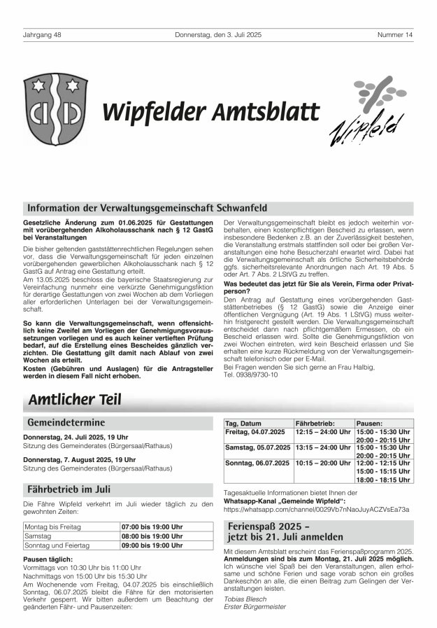 Wipfelder Amtsblatt Titelblatt 14/2025