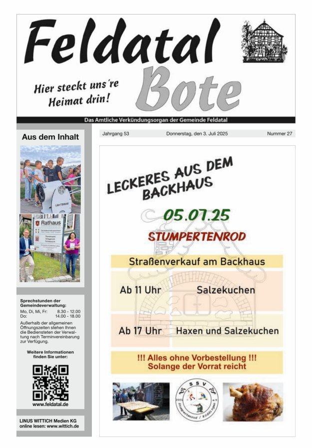 Das Amtliche Verkündungsorgan der Gemeinde Feldatal Titelblatt 27/2025