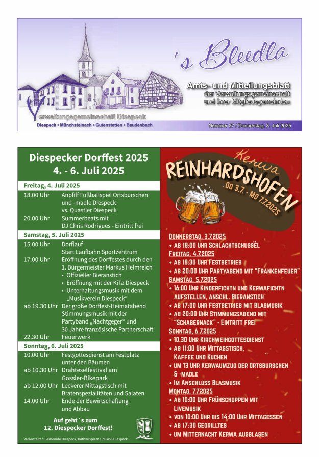 Amts- und Mitteilungsblatt VGem Diespeck Titelblatt 27/2025