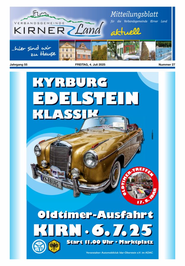 Mitteilungsblatt für den Bereich der Verbandsgemeinde Kirner Land Titelblatt 27/2025