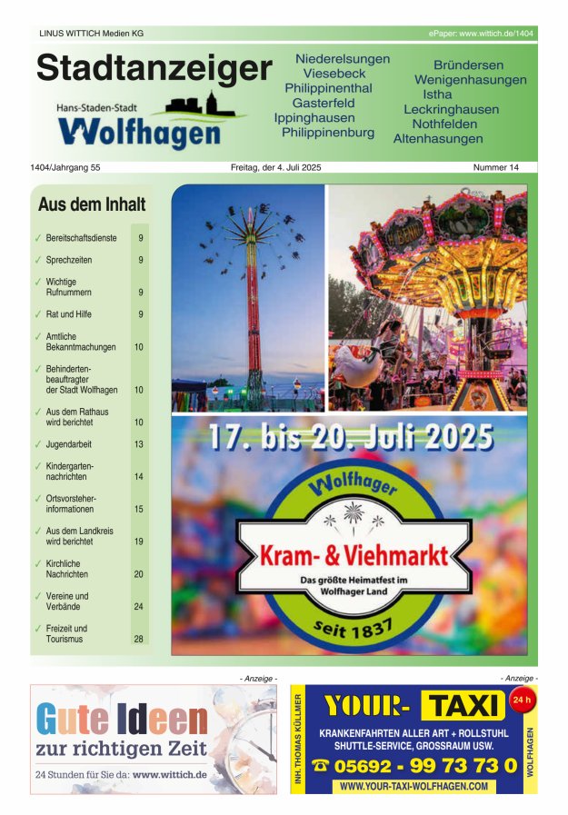 Wolfhager Stadtanzeiger Titelblatt 14/2025