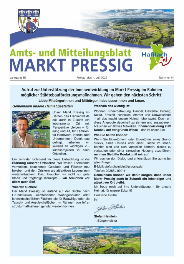 Amtsblatt für den Markt Pressig mit den Gemeindeteilen Titelblatt 14/2025