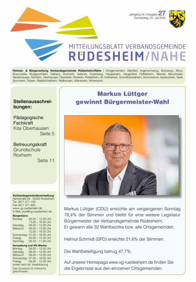 Mitteilungsblatt Verbandsgemeinde Rüdesheim und zugehörige Ortsgemeinden Titelblatt 27/2025