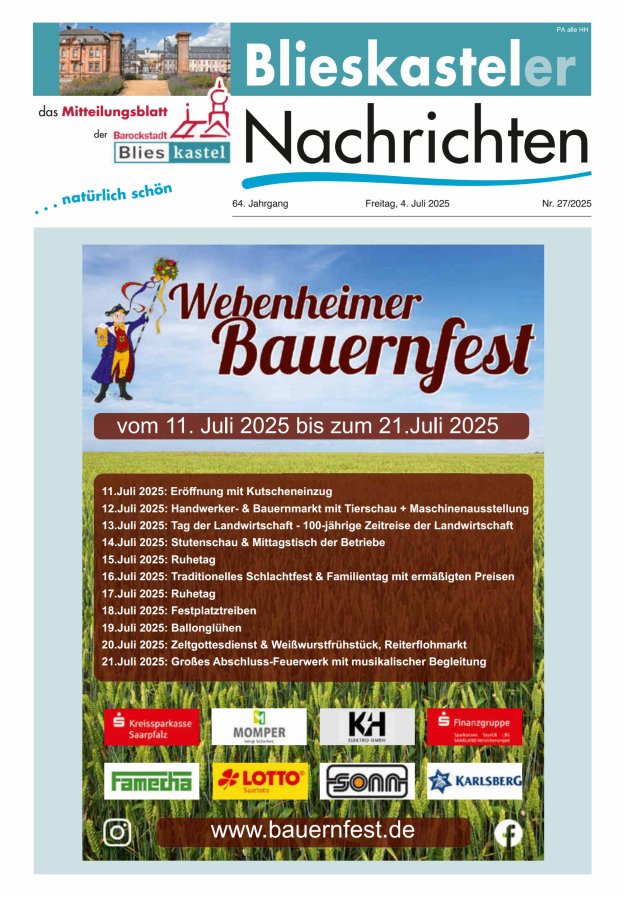 Blieskasteler Nachrichten  Titelblatt 27/2025
