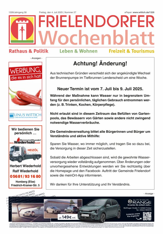 Frielendorfer Wochenblatt Titelblatt 27/2025