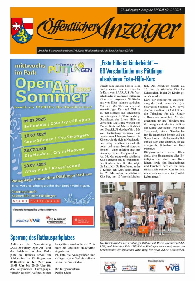 Öffentlicher Anzeiger - Stadt Püttlingen Titelblatt 27/2025