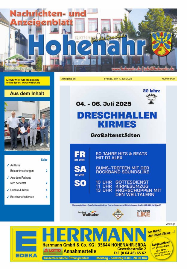 Nachrichten- und Anzeigenblatt für die Gemeinde Hohenahr Titelblatt 27/2025