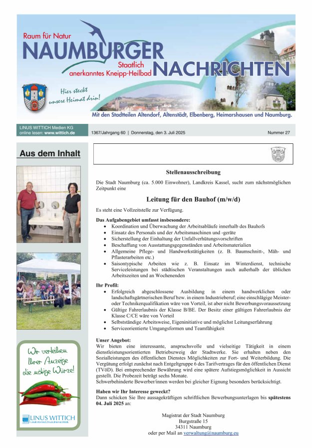 Naumburger Nachrichten Titelblatt 27/2025