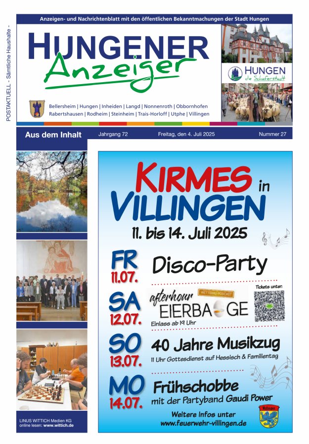 Anzeigen- und Nachrichtenblatt mit den öff  Bekanntmachungen der Stadt Hungen Titelblatt 27/2025