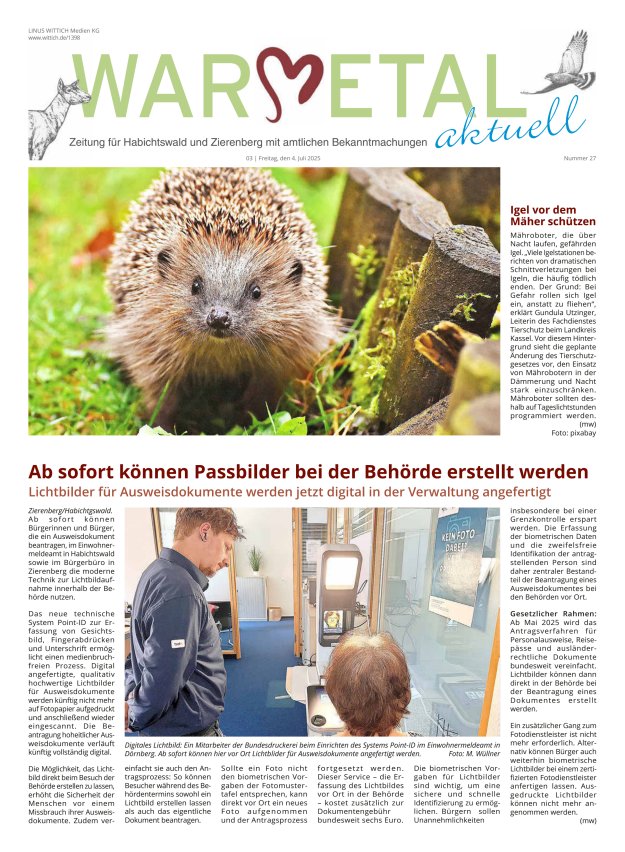 Warmetal aktuell (Habichtswald + Zierenberg) Titelblatt 27/2025