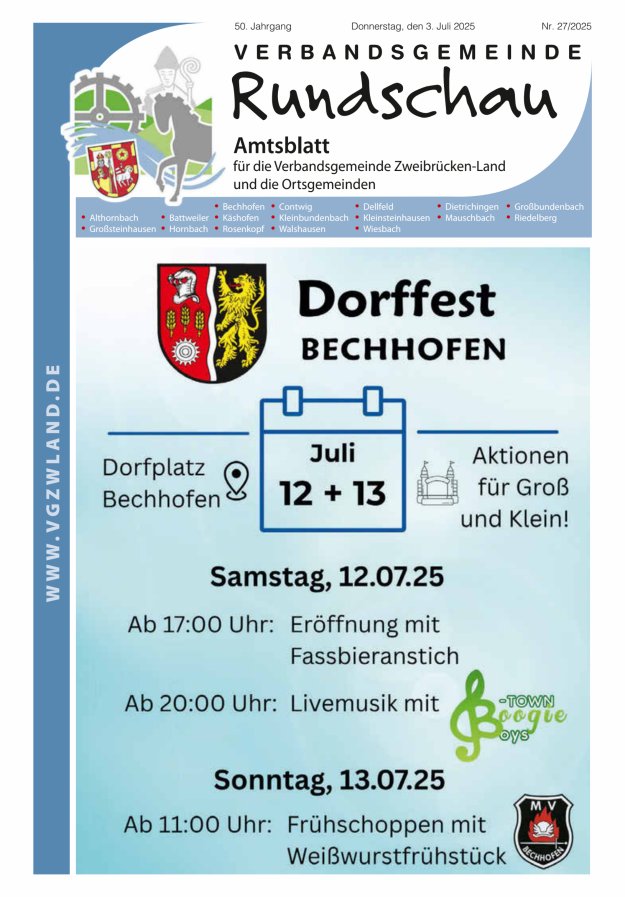 Verbandsgemeinde Rundschau Zweibrücken-Land Titelblatt 27/2025