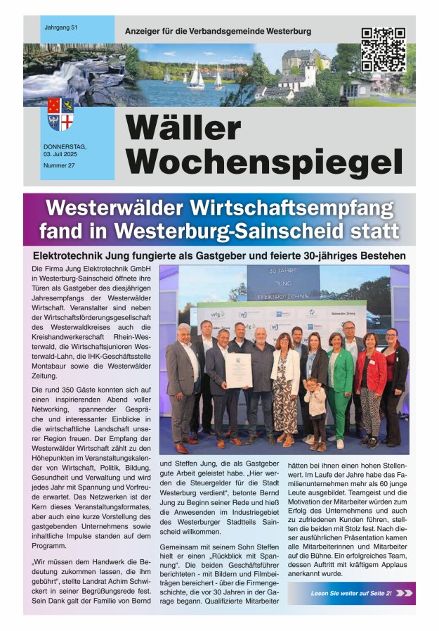 Wäller Wochenspiegel - Anzeiger für die Verbandsgemeinde Westerburg Titelblatt 27/2025