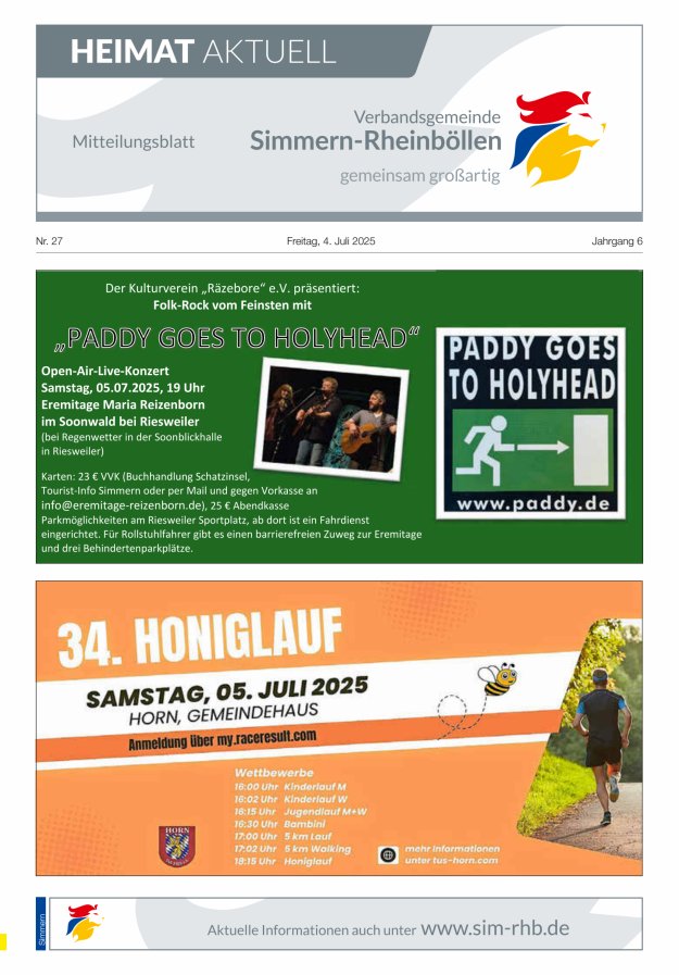 Heimat Aktuell - Mitteilungsbl der VG Simmern-Rheinböllen Ausg Simmern Titelblatt 27/2025
