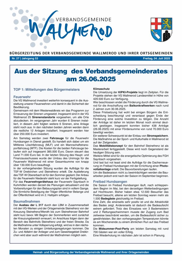 Wir über uns - Verbandsgemeinde Wallmerod Titelblatt 27/2025