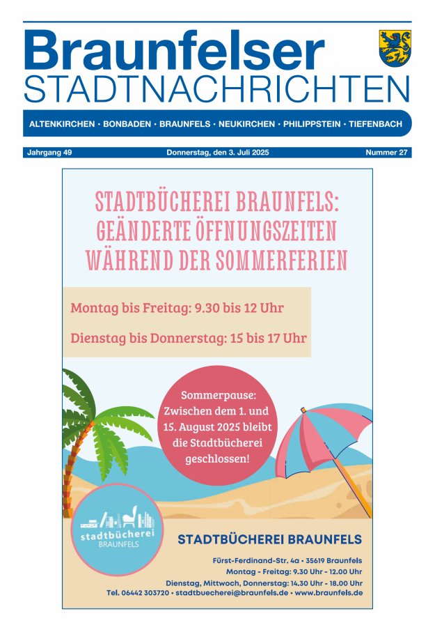 Braunfelser Stadtnachrichten Titelblatt 27/2025