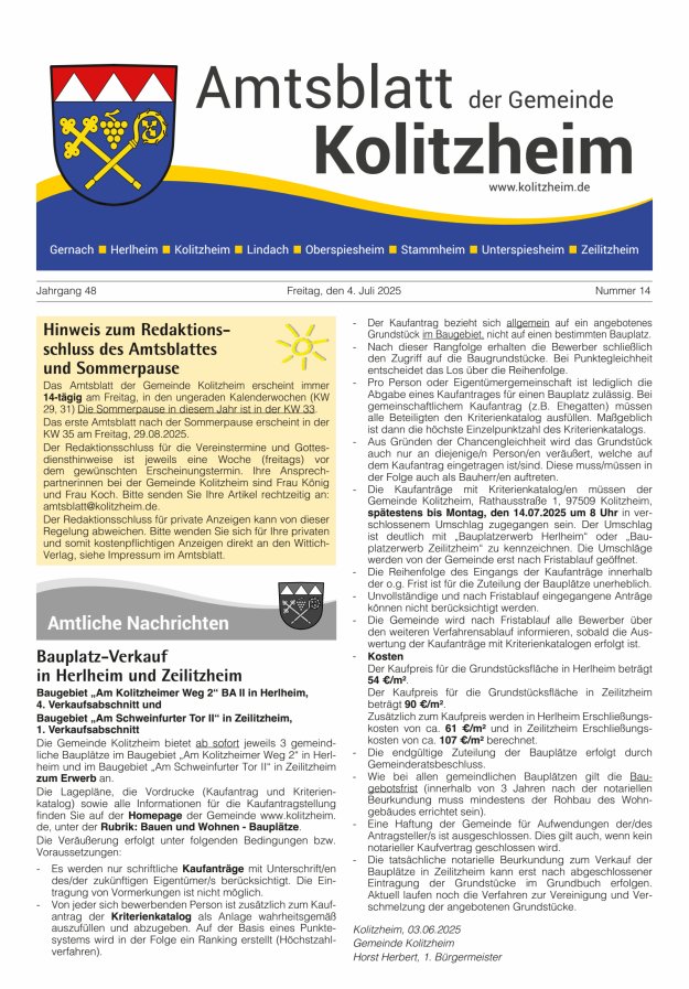 Amtsblatt der Gemeinde Kolitzheim Titelblatt 14/2025