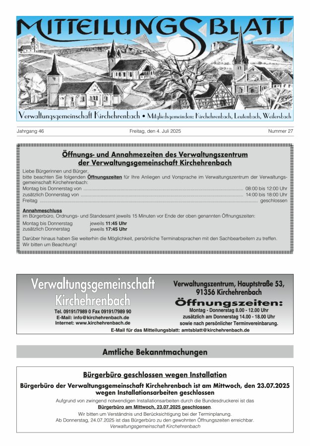 Mitteilungsblatt Verwaltungsgemeinschaft Kirchehrenbach Titelblatt 27/2025