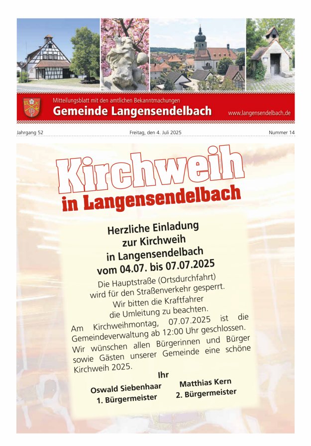 Mitteilungsblatt - Gemeinde Langensendelbach Titelblatt 14/2025