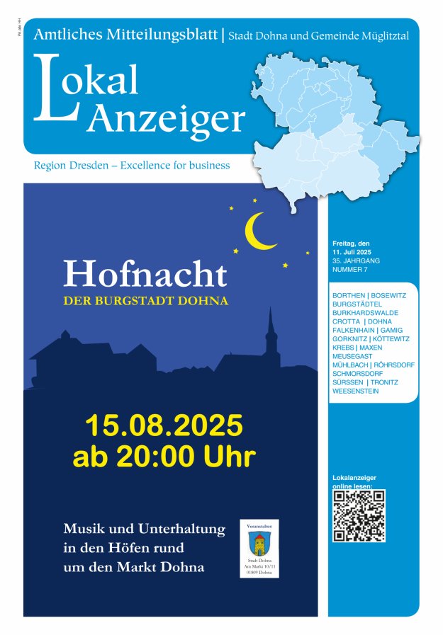 Lokal-Anzeiger – Amtliches Mitteilungsblatt Stadt Dohna und Gemeinde Müglitztal Titelblatt 07/2025