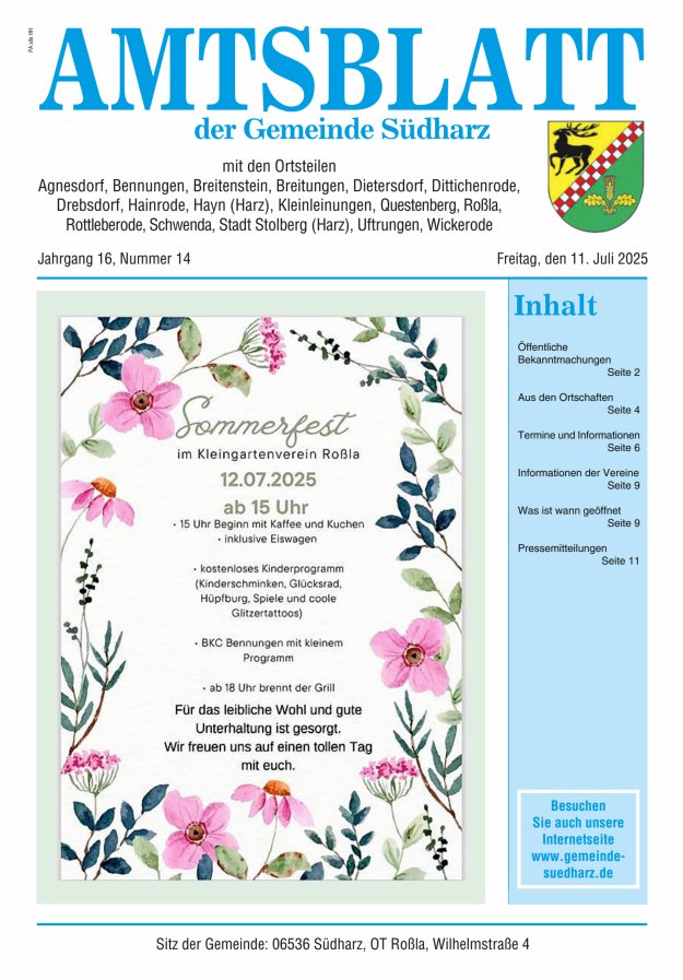 Amtsblatt der Gemeinde Südharz Titelblatt 14/2025